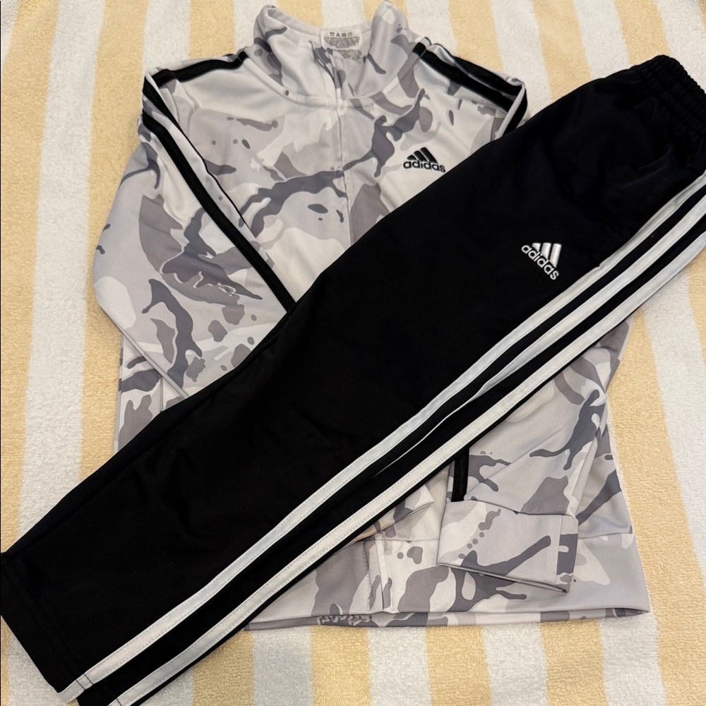 Adidas Kids Black and Grey Camouflage Joggers with White Stripes